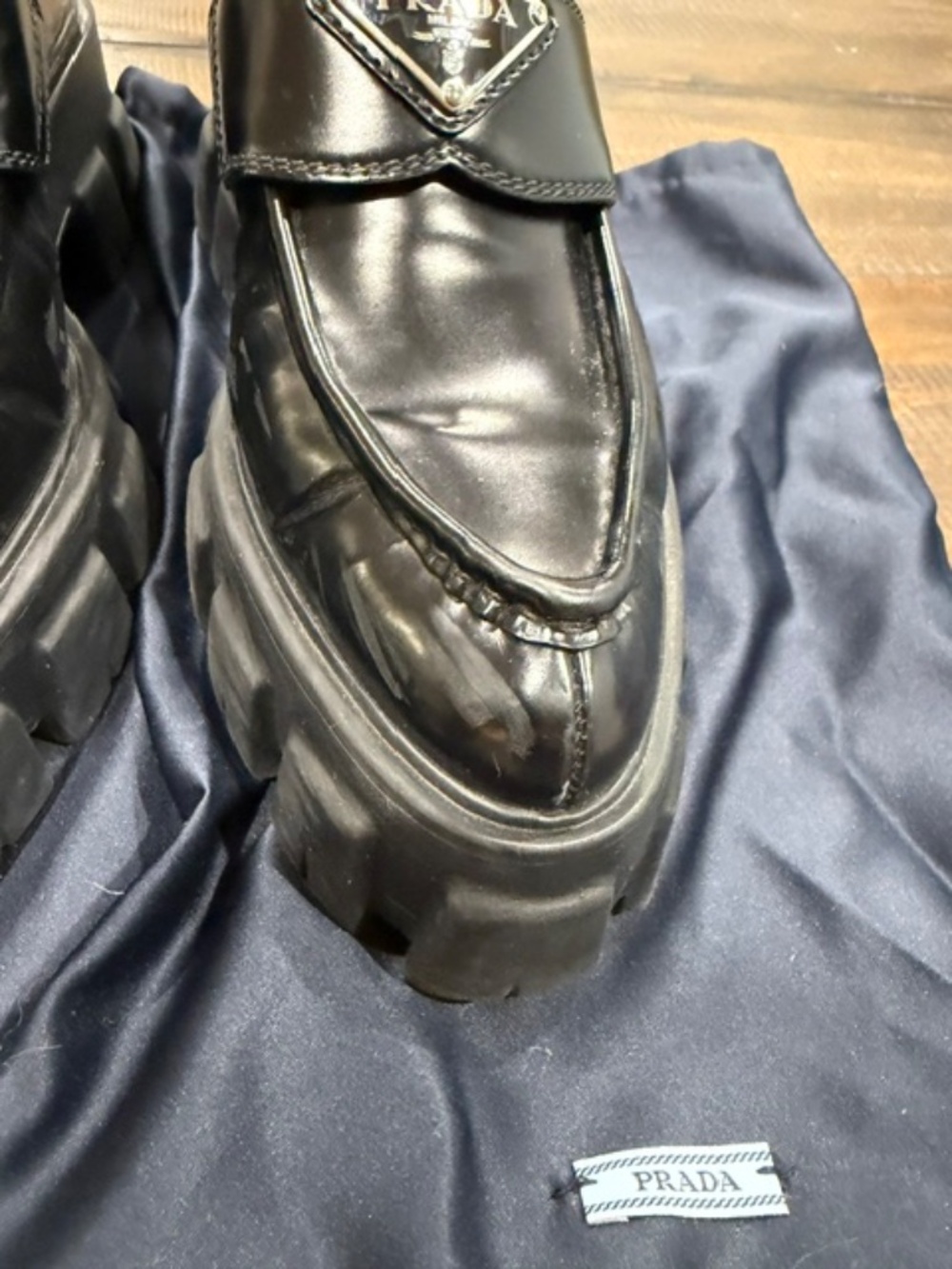 Prada Black Leather Monolith Logo Loafers - Picture 4 of 13